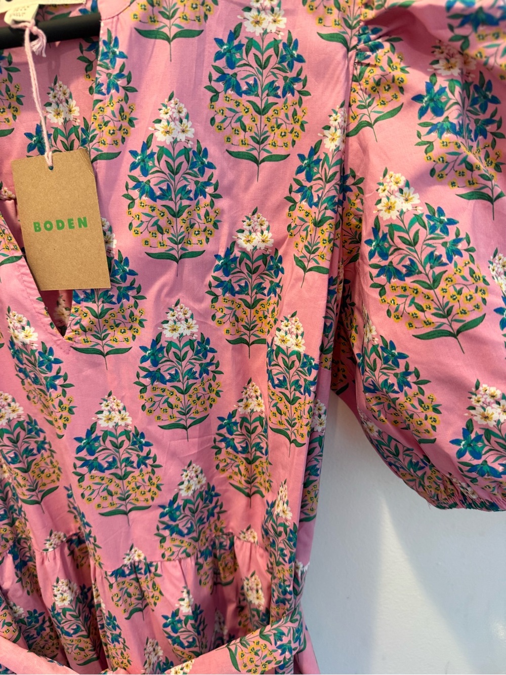 Boden Pink Floral Puff-Sleeve Midi Dress with Tie Waist - Picture 3 of 4